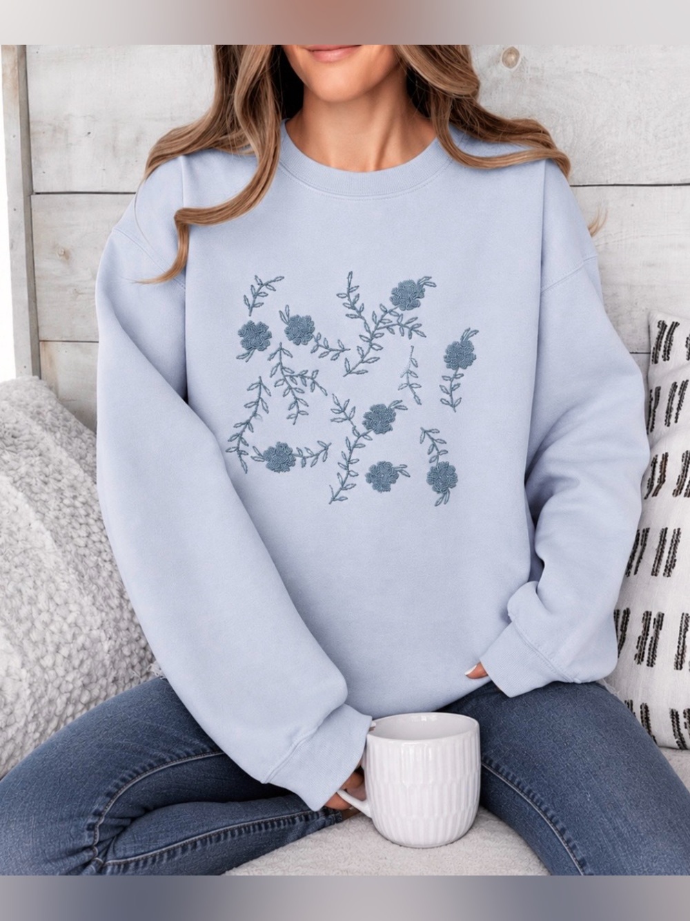JANE & DELANCEY EMBROIDERED SWEATSHIRT 2X/3X WILDFLOWERS SOFT BLUE COTTON BLEND